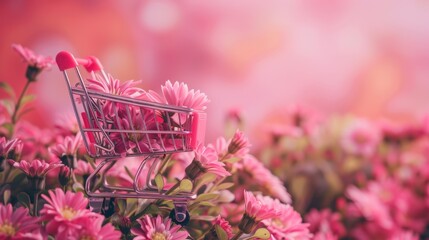 Shopping cart filled with flowers against a blurred pink background - obrazy, fototapety, plakaty