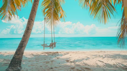 Rollo The tropical beach background epitomizes the essence of summer landscapes, featuring a serene beach swing or hammock set against pristine white sand and tranquil seas. © Bahram