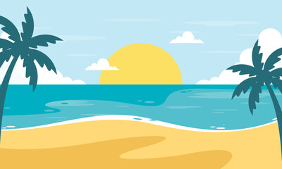 Fototapeta na wymiar Summer Beach with Palm Tree and the Sun in the Background Vector Illustration