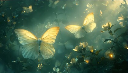 Fototapeta na wymiar Butterflies flying in the forest. 3d illustration. Nature background.