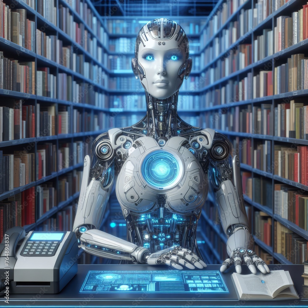 Poster a sophisticated robotic librarian navigates a digital archive, surrounded by towering bookshelves. t