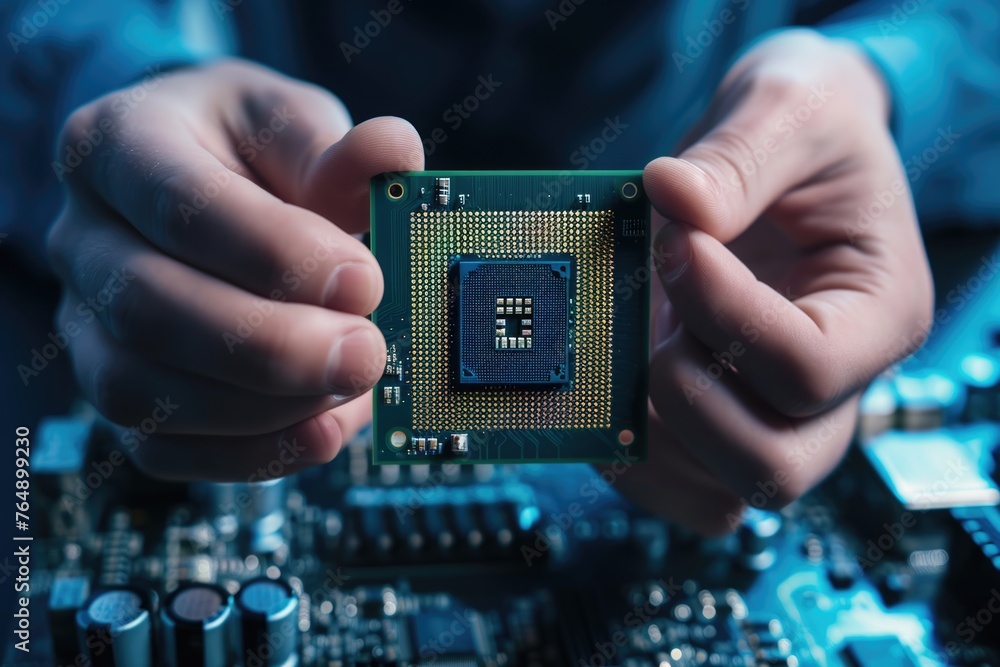 Poster laboratory technician holds powerful cpu processor.