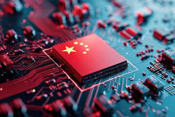 Chinas Flag on Processor  Dominance in Global Chip Manufacturing - obrazy, fototapety, plakaty
