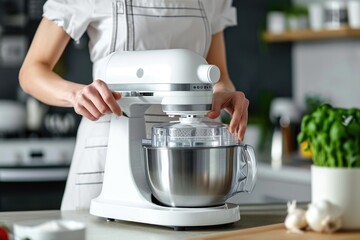 Woman adjusts food processor speed for pastry chef - Powered by Adobe