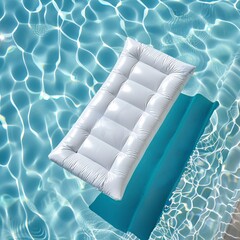A white inflatable pool lounger floats on the surface of a pool