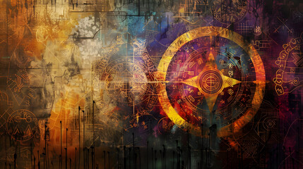 Abstract Background with Intricate Arcane Symbols Weaving a Mystical Tapestry - obrazy, fototapety, plakaty
