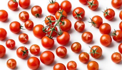 group of ripe and fresh cherry tomatoes on white. harvest. vegetable and fruit shop