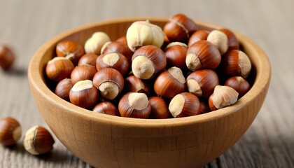 Hazelnuts in miniature wooden bowl, close up