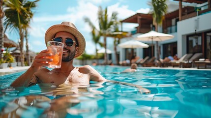 A man in a hat is in a pool with a drink in his hand