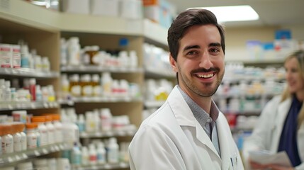 Fototapeta premium Friendly pharmacist at local drugstore smiles professionally. healthcare and medical assistance. white coat and pharmacy shelves. welcoming and trustworthy. AI
