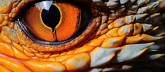 A detailed close-up view of a lizard's eye showing intricate scales texture and vibrant coloration - obrazy, fototapety, plakaty