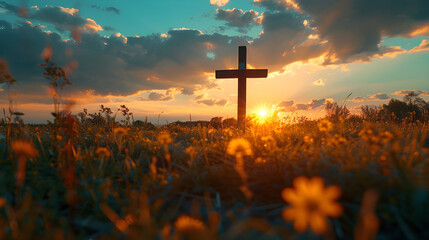 Cross at sunset in a field, representing the concept of Ascension Day and Christian Easter - obrazy, fototapety, plakaty