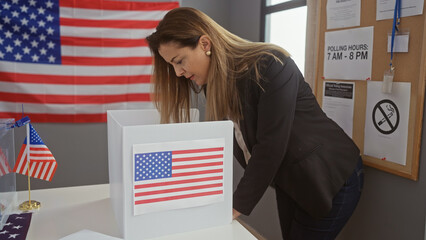 Hispanic woman voting in an american electoral college polling station, highlighting democracy and...