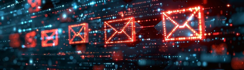My email inbox is overflowing with unsolicited emails, some of which are flagged with red warning icons indicating possible dangers. - obrazy, fototapety, plakaty