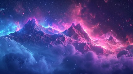 Glowing line technology creates a futuristic galaxy color scheme with ethereal mountain mist, evoking a fantasy theme. - Powered by Adobe