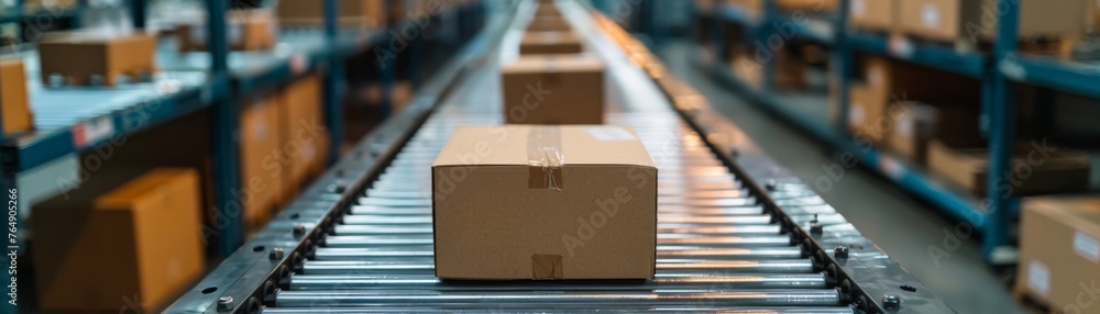 Poster efficiently managing packaging and transportation of products, illustrating the logistic planning an