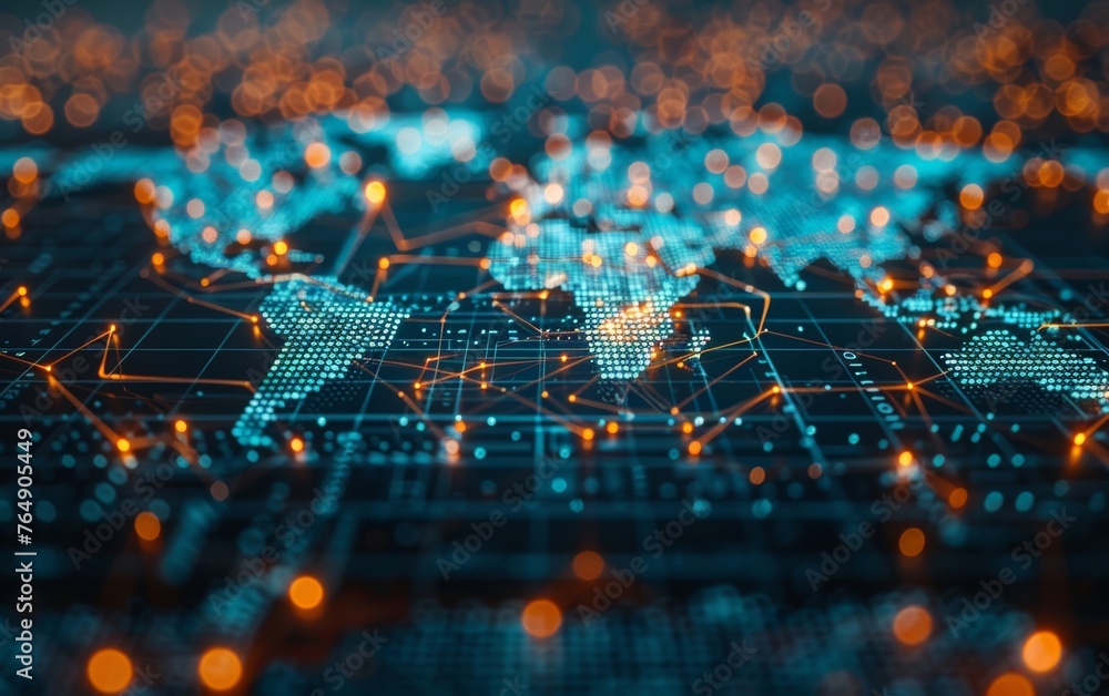 Poster detailed view of a three-dimensional projection displaying an interconnected web of global logistic 