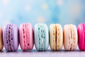 Delicious assorted pastel macarons on lovely pastel background - buy now for sweet treats