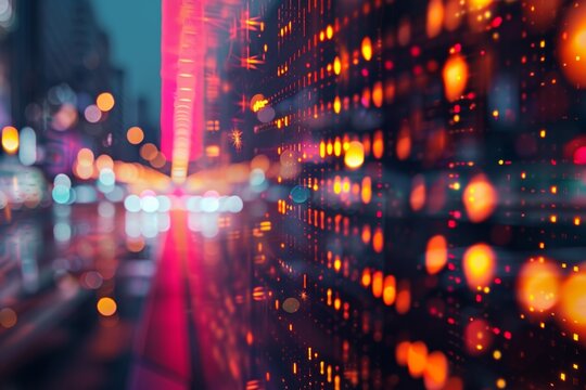 A blurry bokeh lights background with detailed software code overlaid on top