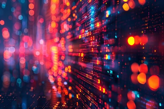 A blurry bokeh lights background with detailed software code overlaid on top