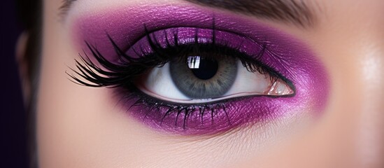 An image featuring purple eye makeup with extended lashes and a matching purple eyeliner