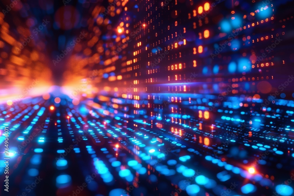 Poster the digital technology scene vividly displays a dynamic and interconnected realm of binary code, sym
