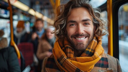 Obraz premium Amidst the sustainable ethos, commuters' radiant smiles illuminate public transportation, embodying a harmonious blend of eco-consciousness and contentment. 