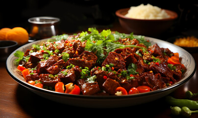 A view of delicious meat and American mutton curry spicy on a plate - obrazy, fototapety, plakaty