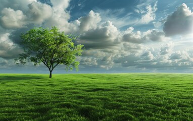 Fototapeta na wymiar A tree is standing in a grassy field with a cloudy sky in the background