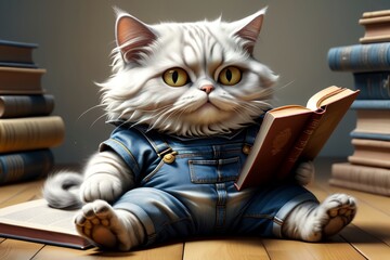cute cat in denim overalls among books