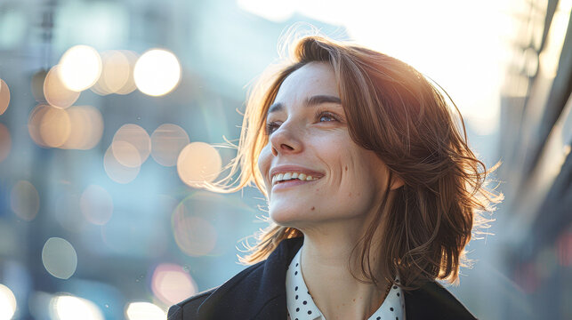 A woman with short brown hair and a white shirt is smiling and looking up at the sky. The image has a bright and cheerful mood, with the woman's smile and the sunny sky creating a sense of happiness