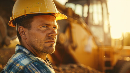 A man wearing a yellow hard hat is standing in front of a large construction site. The scene is bright and sunny, and the man is focused on his work