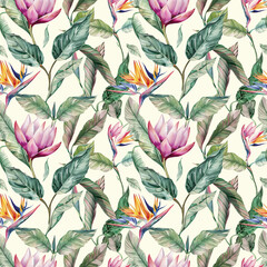 Colorful Watercolor Flowers and Leaves Seamless Vector Pattern