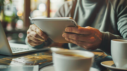 A man is using a tablet while sitting at a table with a cup of coffee. Concept of productivity and focus, as the man is engaged in his work or leisure activity