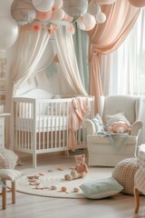 Fototapeta na wymiar A baby's nursery with a blue wall and white trim