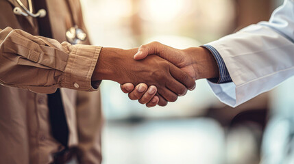 Two people shaking hands in a medical setting. The man on the left is wearing a white coat and the man on the right is wearing a white coat
