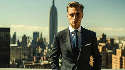 Keuken spatwand met foto A man in a suit stands on a rooftop in New York City. He is wearing a tie and he is posing for a photo. The city skyline in the background adds to the urban atmosphere of the scene © Kowit