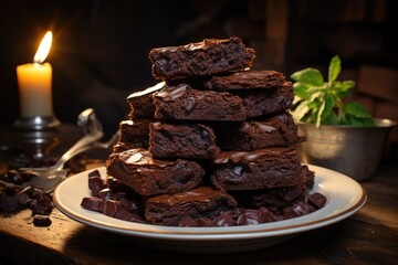 Dark chocolate brownie pile on the rustic table generated by Ia, generative IA - obrazy, fototapety, plakaty