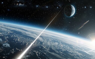 A space shot of the Earth with a bright star in the background