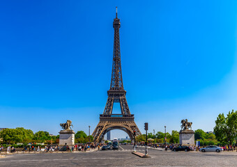 View of Eiffel Tower in Paris, France. Eiffel Tower is one of the most iconic landmarks of Paris - 764908818