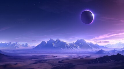 A large purple planet is floating in the sky above a vast, empty landscape