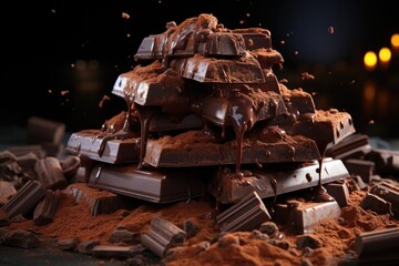 Broken chocolate pile on the table against the studio's brown background, generative IA