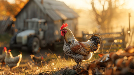 A rooster stands in a field next to a tractor. The scene is peaceful and serene, with the sun...