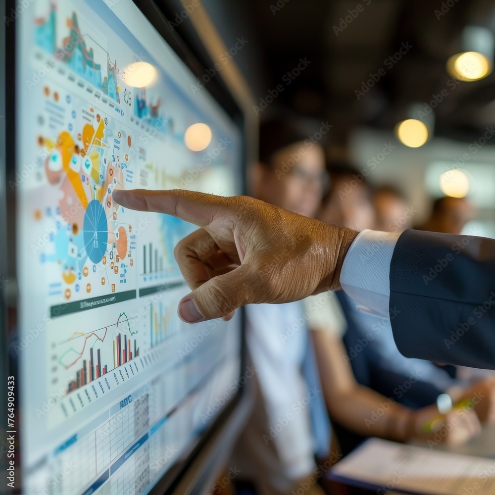 Poster A group of business professionals engaging in data analysis using an interactive digital display showing graphs and charts in a high-tech office environment.