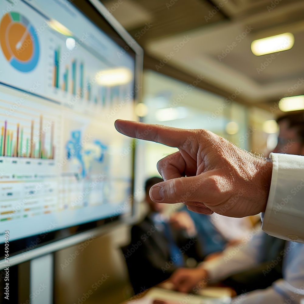 Poster A group of business professionals engaging in data analysis using an interactive digital display showing graphs and charts in a high-tech office environment.