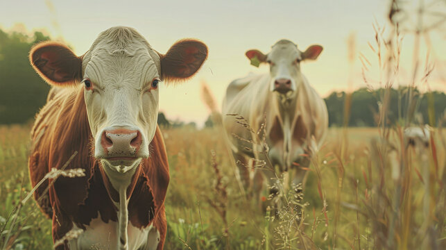 Two cows standing in a field with one of them looking at the camera
