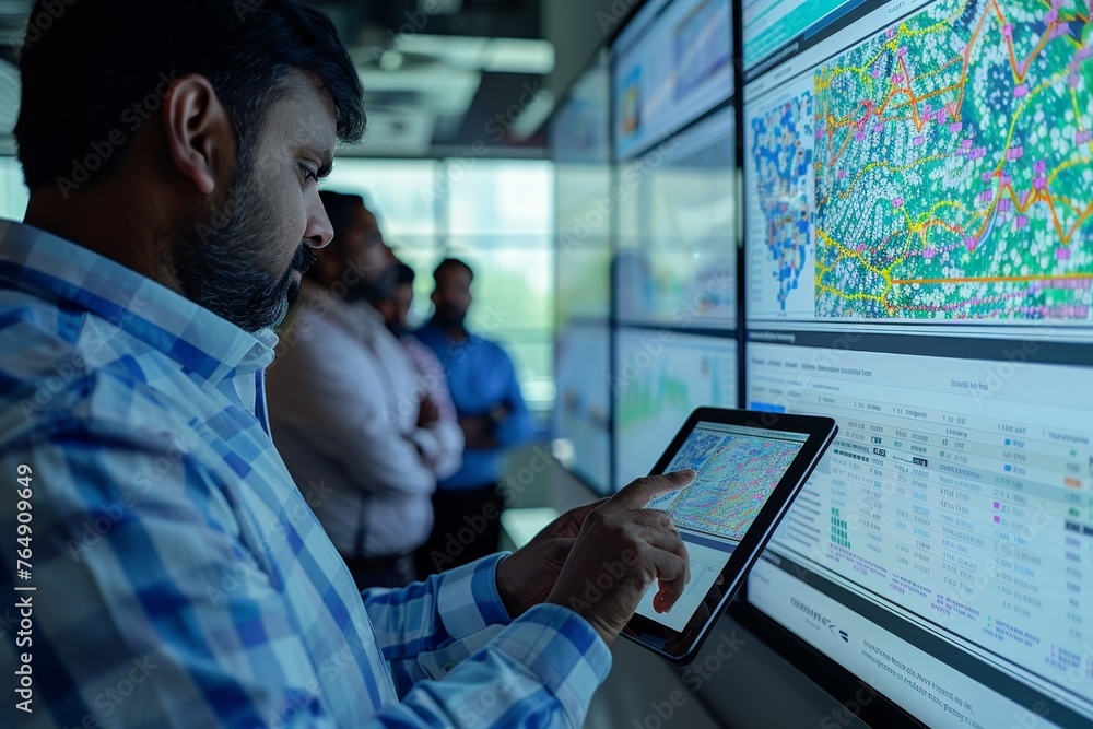 Poster a young male analyst in a corporate setting, attentively reviewing real-time data analytics on a lar