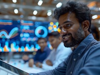 An attentive business analyst is deeply focused on monitoring and interpreting complex financial data on multiple computer screens in a modern, technology-driven office environment.