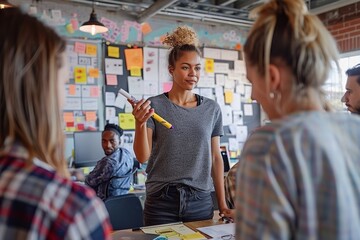 A charismatic business leader is hosting an interactive brainstorming session in a vibrant creative office, with colorful sticky notes and innovative ideas on display.