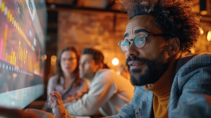 A diverse team of professionals is attentively engaged in a digital presentation, focused on the analysis of dynamic charts and graphs in a collaborative workspace.